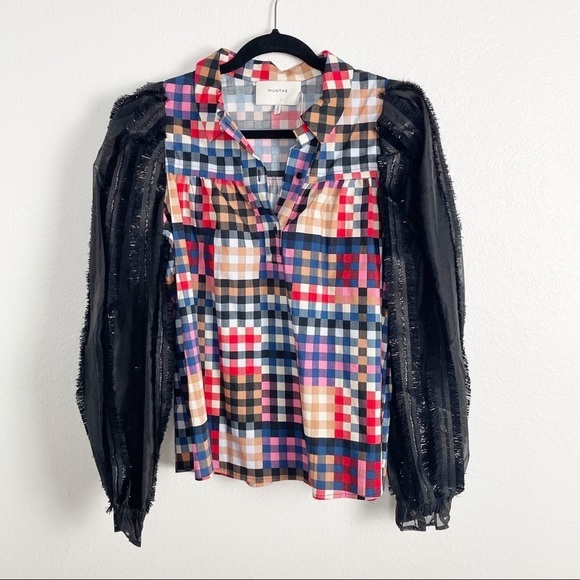 Munthe Lima Check Poplin Flocked Long Sleeve Plaid Metallic Blouse Casual Work - Picture 3 of 9